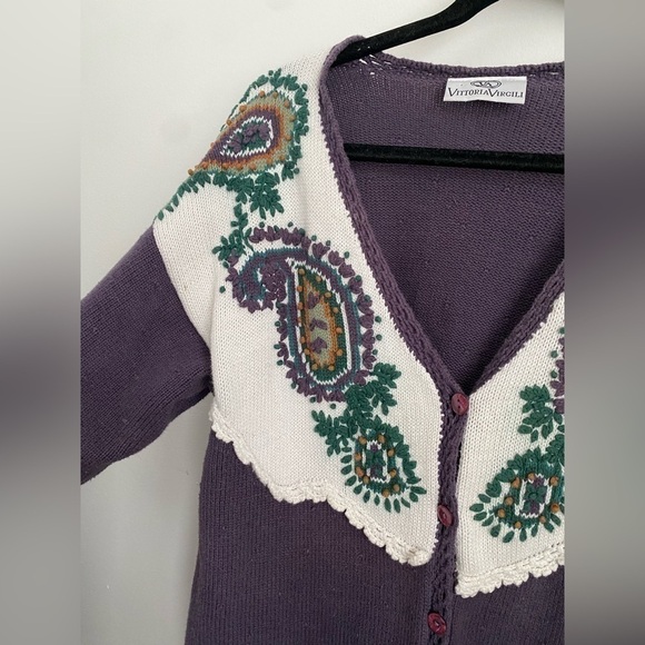 Vintage Grandma Crochet Embroidered Cotton Knit Button Front Cardigan - S Small - Picture 3 of 7
